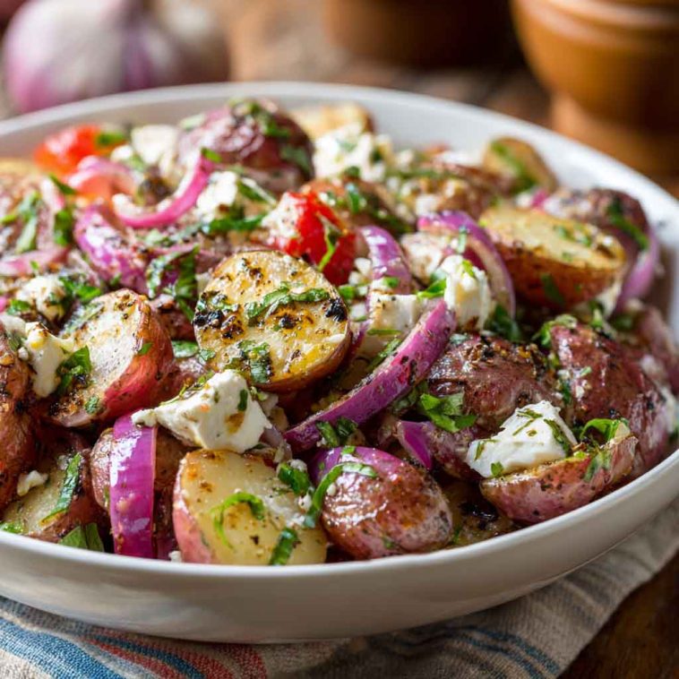 Balsamic potato salad with cherry tomatoes, red onion, and herbs in a white serving bowl.