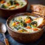 A rustic pot of creamy vegetable soup filled with carrots, potatoes, peas, and herbs, garnished with fresh parsley.