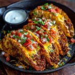 A tray of oven-baked cheesy tacos filled with seasoned beef, melted cheese, and fresh toppings like lettuce, tomatoes, and sour cream.