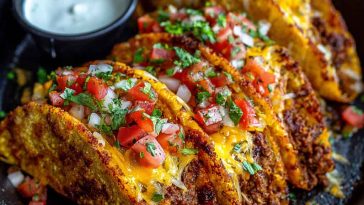 A tray of oven-baked cheesy tacos filled with seasoned beef, melted cheese, and fresh toppings like lettuce, tomatoes, and sour cream.