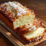 Moist coconut loaf cake topped with shredded coconut, sliced and served on a tropical-inspired platter.