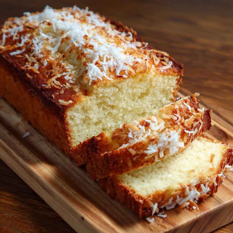 Moist coconut loaf cake topped with shredded coconut, sliced and served on a tropical-inspired platter.