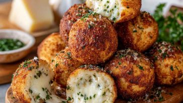 Golden garlic bread balls stuffed with melted cheese, brushed with garlic butter, and sprinkled with parsley.