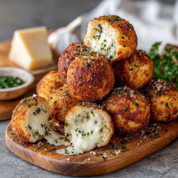 Golden garlic bread balls stuffed with melted cheese, brushed with garlic butter, and sprinkled with parsley.