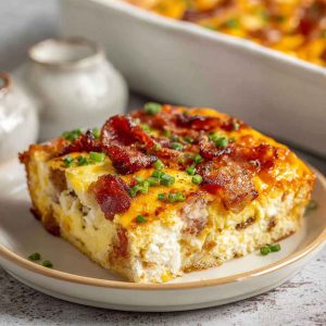 A golden-baked breakfast casserole filled with eggs, cheese, bacon, and hash browns, garnished with fresh herbs.