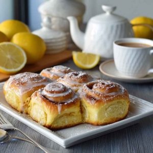 Freshly baked lemon rolls topped with lemon glaze and zest on a white serving plate.