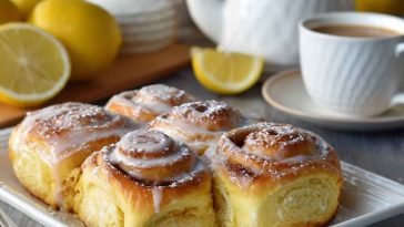 Freshly baked lemon rolls topped with lemon glaze and zest on a white serving plate.