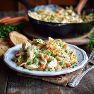 Creamy chicken pot pie pasta with vegetables and herbs in a skillet, garnished with fresh parsley.