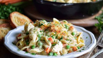 Creamy chicken pot pie pasta with vegetables and herbs in a skillet, garnished with fresh parsley.
