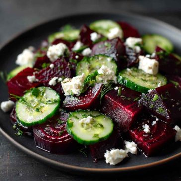 A vibrant beet salad with diced roasted beets, sliced cucumbers, crumbled feta cheese, and fresh herbs, drizzled with olive oil.