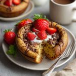 Baked protein pancake bowls topped with fresh fruit, nut butter, and a drizzle of maple syrup.