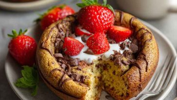 Baked protein pancake bowls topped with fresh fruit, nut butter, and a drizzle of maple syrup.