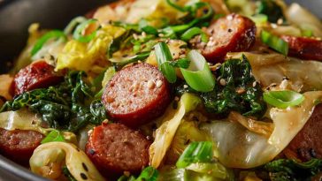 Sliced sausage and sautéed cabbage stir fry in a skillet, garnished with herbs and cracked pepper.