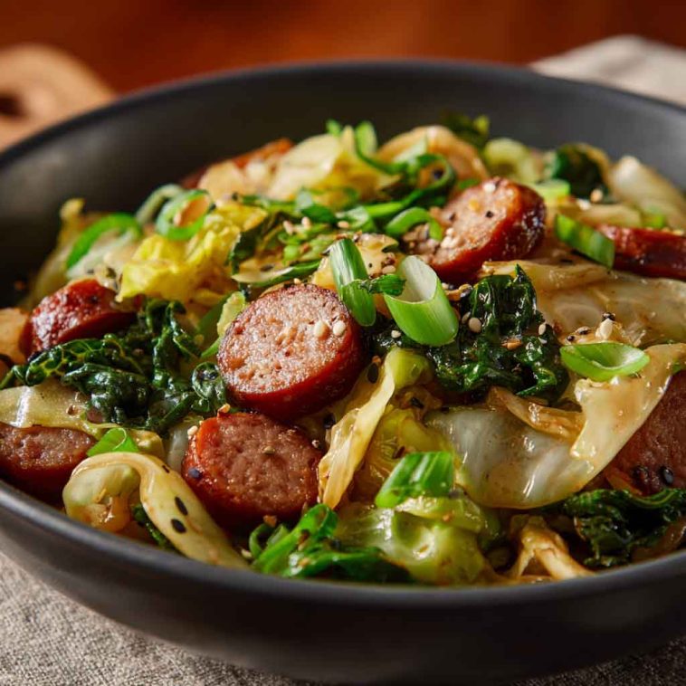 Sliced sausage and sautéed cabbage stir fry in a skillet, garnished with herbs and cracked pepper.