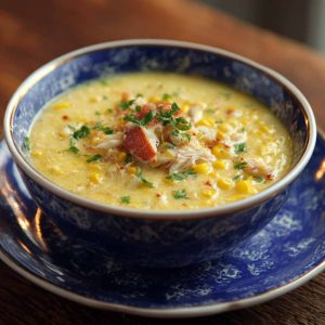 Creamy crab and corn chowder served in a rustic bowl, garnished with fresh herbs and cracked pepper.