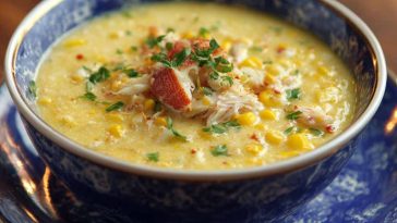 Creamy crab and corn chowder served in a rustic bowl, garnished with fresh herbs and cracked pepper.