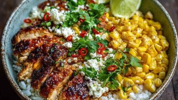 Street corn chicken and rice bowls topped with grilled corn, juicy chicken, cilantro, lime, and creamy sauce.