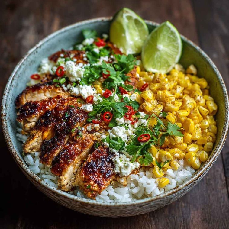Street corn chicken and rice bowls topped with grilled corn, juicy chicken, cilantro, lime, and creamy sauce.