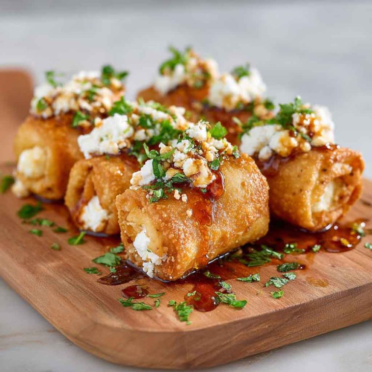 Crispy oven fried feta rolls drizzled with chili honey on a serving plate