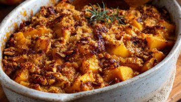 Classic butternut squash apple bake with golden roasted squash and caramelized apples in a casserole dish