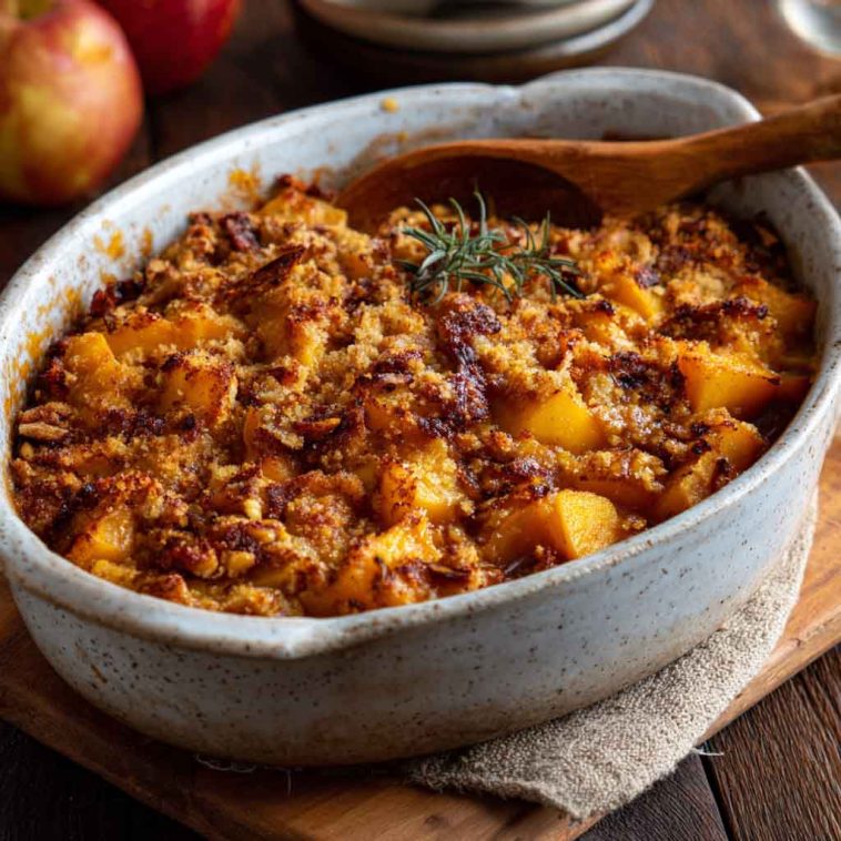 Classic butternut squash apple bake with golden roasted squash and caramelized apples in a casserole dish