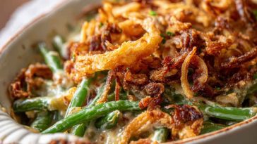 Cheddar Bay green bean casserole baked with creamy sauce, tender green beans, melted cheddar, and golden biscuit topping.