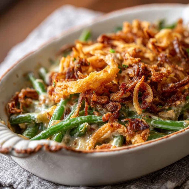 Cheddar Bay green bean casserole baked with creamy sauce, tender green beans, melted cheddar, and golden biscuit topping.