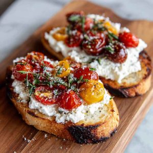 Sourdough toast topped with whipped ricotta, sliced cherry tomatoes, olive oil drizzle, and fresh basil leaves.