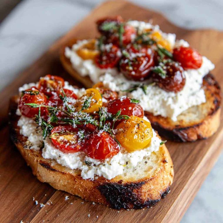 Sourdough toast topped with whipped ricotta, sliced cherry tomatoes, olive oil drizzle, and fresh basil leaves.