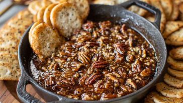 Creamy no bake pecan pie dip topped with caramel drizzle and chopped pecans, served with graham crackers.