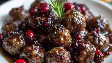 Holiday cranberry meatballs served in a festive bowl with fresh herbs