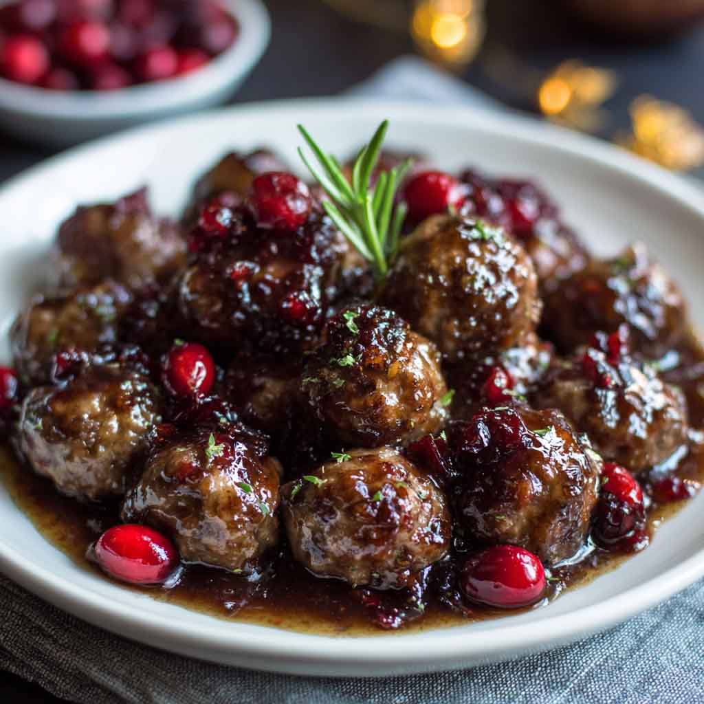 Holiday cranberry meatballs served in a festive bowl with fresh herbs