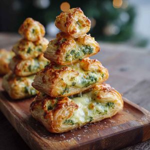 Golden puff pastry Christmas tree filled with basil pesto and melted cheese, baked festive and served on a holiday platter.
