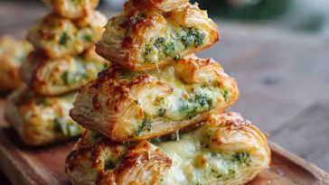 Golden puff pastry Christmas tree filled with basil pesto and melted cheese, baked festive and served on a holiday platter.