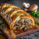 Golden puff pastry braid filled with savory mushrooms and melted Gruyère cheese, baked to perfection and served on a rustic board.