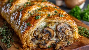 Golden puff pastry braid filled with savory mushrooms and melted Gruyère cheese, baked to perfection and served on a rustic board.