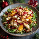 Festive winter Christmas salad with mixed greens, cranberries, pecans, and honey mustard dressing served in a holiday bowl.