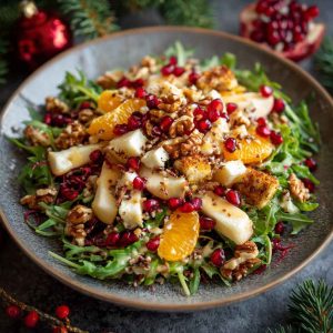 Festive winter Christmas salad with mixed greens, cranberries, pecans, and honey mustard dressing served in a holiday bowl.