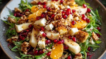 Festive winter Christmas salad with mixed greens, cranberries, pecans, and honey mustard dressing served in a holiday bowl.