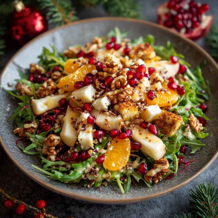 Festive winter Christmas salad with mixed greens, cranberries, pecans, and honey mustard dressing served in a holiday bowl.
