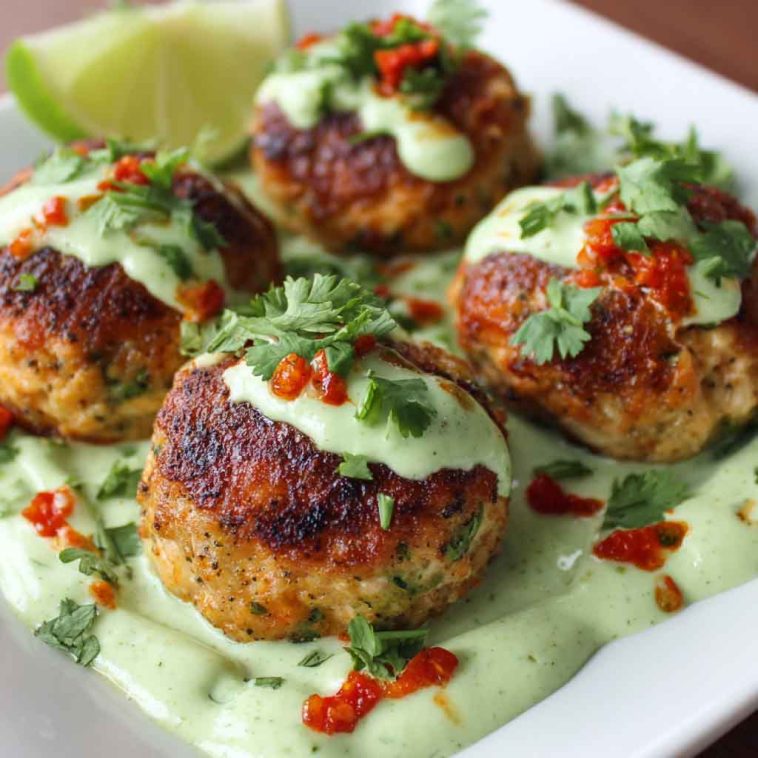 Golden salmon balls served with a swirl of creamy avocado sauce, garnished with fresh herbs and lime wedges.