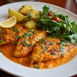 Pan-seared tilapia fillets topped with a vibrant roasted red pepper sauce, garnished with fresh herbs and lemon wedges.