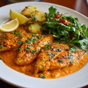 Pan-seared tilapia fillets topped with a vibrant roasted red pepper sauce, garnished with fresh herbs and lemon wedges.
