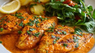 Pan-seared tilapia fillets topped with a vibrant roasted red pepper sauce, garnished with fresh herbs and lemon wedges.