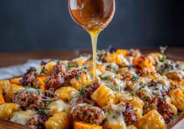 A rustic sheet pan filled with golden gnocchi, roasted butternut squash cubes, spicy sausage slices, and a drizzle of hot honey, garnished with fresh herbs.