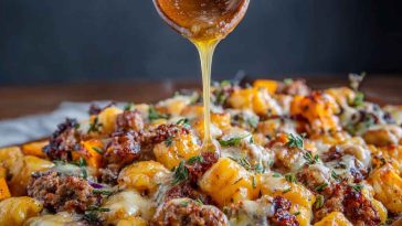 A rustic sheet pan filled with golden gnocchi, roasted butternut squash cubes, spicy sausage slices, and a drizzle of hot honey, garnished with fresh herbs.