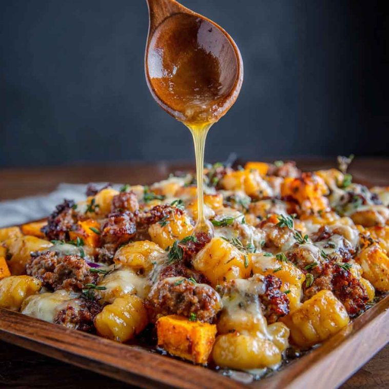 A rustic sheet pan filled with golden gnocchi, roasted butternut squash cubes, spicy sausage slices, and a drizzle of hot honey, garnished with fresh herbs.