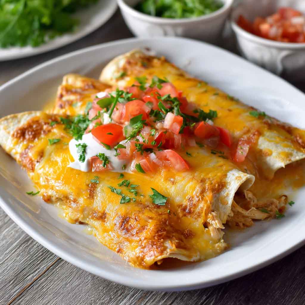 A baking dish filled with golden chicken enchiladas smothered in creamy queso sauce, topped with melted cheese and fresh cilantro.