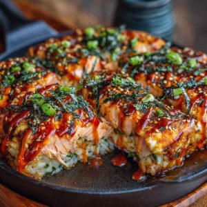 A golden-baked sushi casserole layered with rice, spicy salmon, creamy mayo, and melted cheese, topped with sesame seeds and green onions.