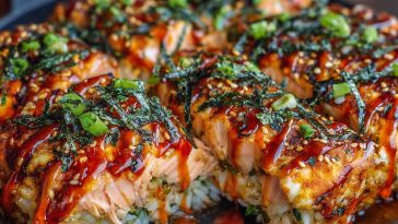 A golden-baked sushi casserole layered with rice, spicy salmon, creamy mayo, and melted cheese, topped with sesame seeds and green onions.